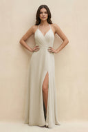 Halter Sheath Long Chiffon Bridesmaid Dress in Dove Gray - KissProm BRIDESMAID DRESSES