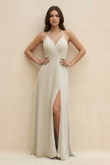 Halter Sheath Long Chiffon Bridesmaid Dress in Dove Gray - KissProm BRIDESMAID DRESSES