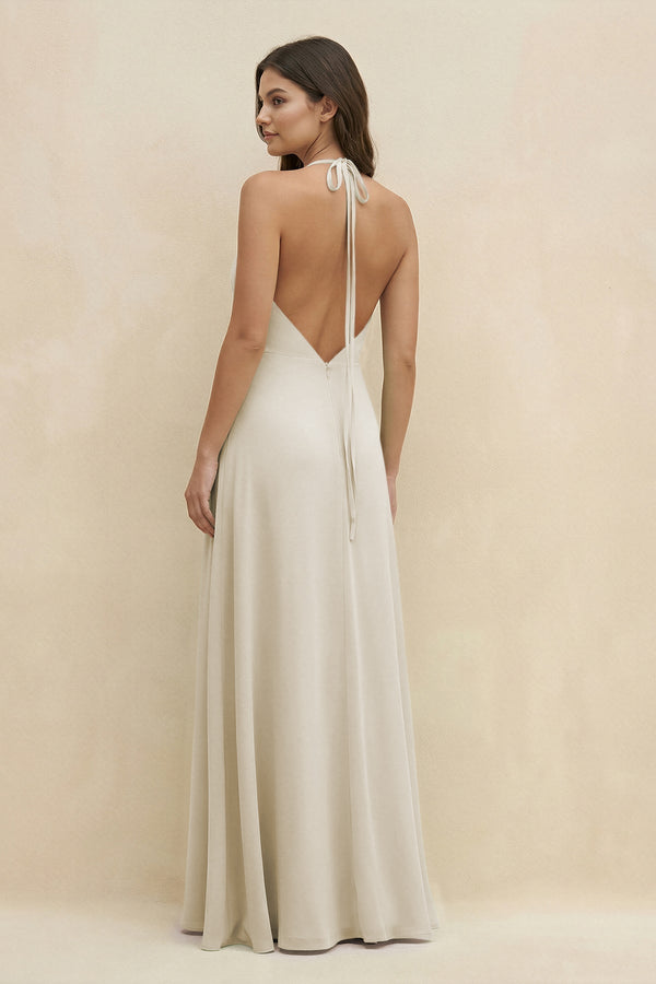Halter Sheath Long Chiffon Bridesmaid Dress in Dove Gray - KissProm BRIDESMAID DRESSES