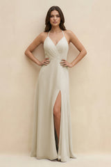 Halter Sheath Long Chiffon Bridesmaid Dress in Dove Gray - KissProm BRIDESMAID DRESSES