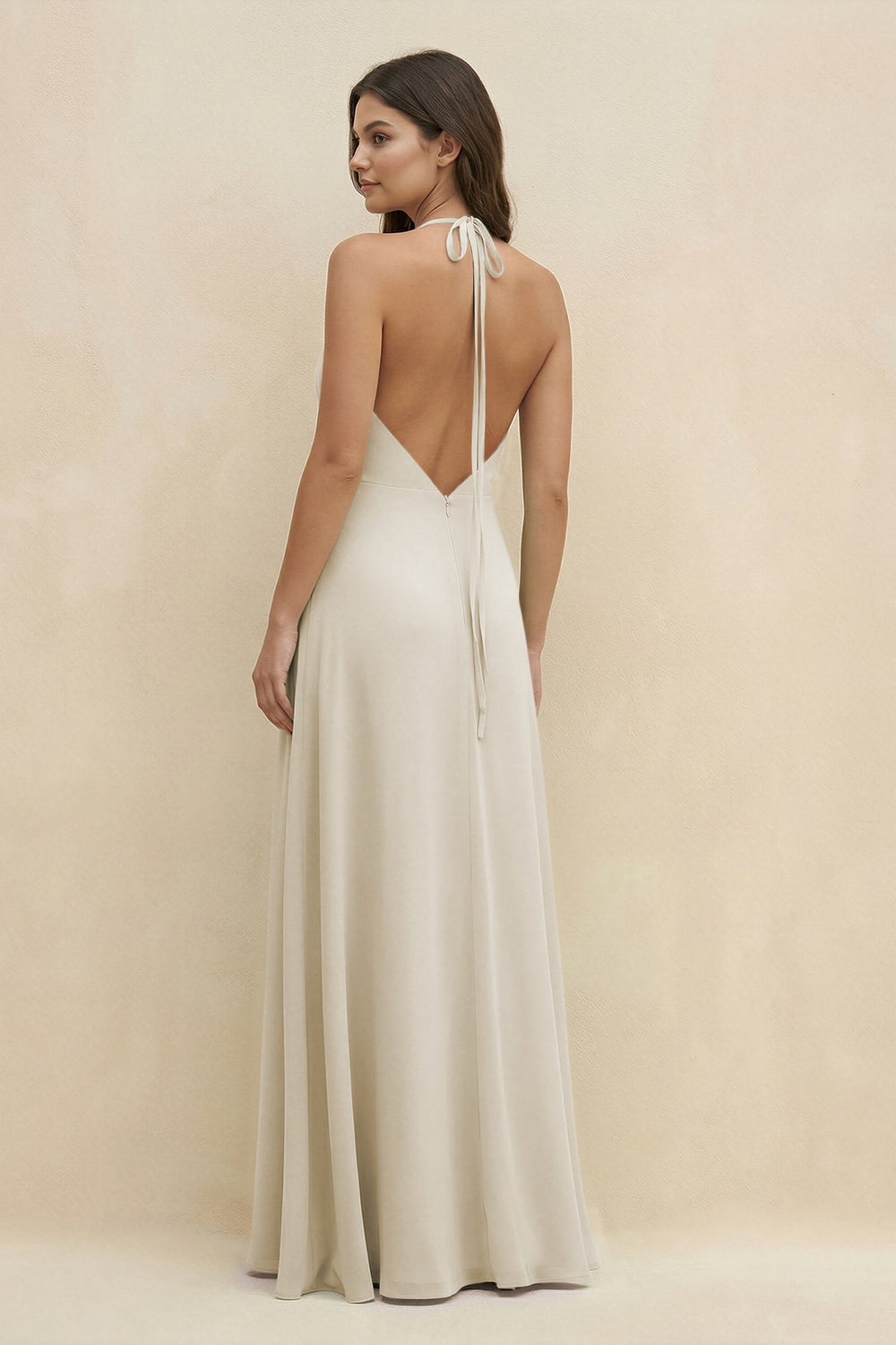 Halter Sheath Long Chiffon Bridesmaid Dress in Dove Gray - KissProm BRIDESMAID DRESSES