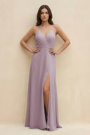 Halter Sheath Long Chiffon Bridesmaid Dress in Dusk - KissProm BRIDESMAID DRESSES
