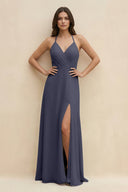 Halter Sheath Long Chiffon Bridesmaid Dress in Dusk Blue - KissProm BRIDESMAID DRESSES