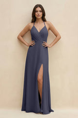 Halter Sheath Long Chiffon Bridesmaid Dress in Dusk Blue - KissProm BRIDESMAID DRESSES