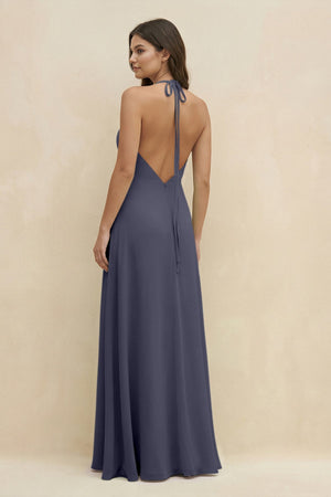 Halter Sheath Long Chiffon Bridesmaid Dress in Dusk Blue - KissProm BRIDESMAID DRESSES