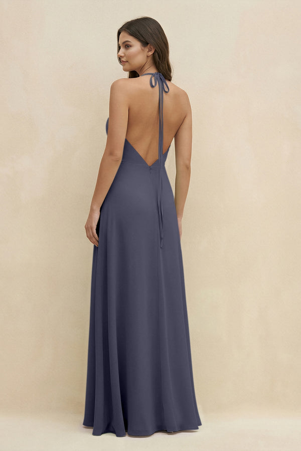 Halter Sheath Long Chiffon Bridesmaid Dress in Dusk Blue - KissProm BRIDESMAID DRESSES