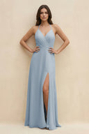 Halter Sheath Long Chiffon Bridesmaid Dress in Dusty Blue - KissProm BRIDESMAID DRESSES