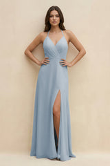 Halter Sheath Long Chiffon Bridesmaid Dress in Dusty Blue - KissProm BRIDESMAID DRESSES