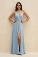 Halter Sheath Long Chiffon Bridesmaid Dress in Dusty Blue - KissProm BRIDESMAID DRESSES