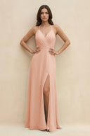 Halter Sheath Long Chiffon Bridesmaid Dress in English Rose - KissProm BRIDESMAID DRESSES