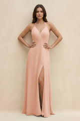 Halter Sheath Long Chiffon Bridesmaid Dress in English Rose - KissProm BRIDESMAID DRESSES