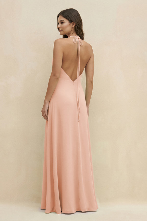 Halter Sheath Long Chiffon Bridesmaid Dress in English Rose - KissProm BRIDESMAID DRESSES