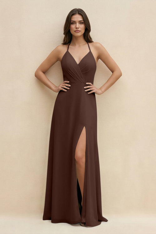 Halter Sheath Long Chiffon Bridesmaid Dress in Espresso - KissProm BRIDESMAID DRESSES