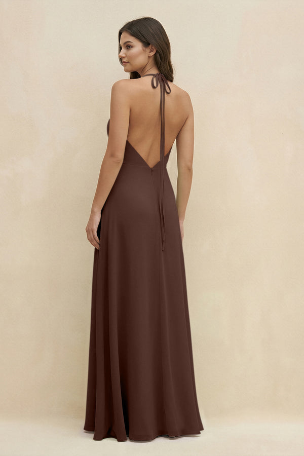 Halter Sheath Long Chiffon Bridesmaid Dress in Espresso - KissProm BRIDESMAID DRESSES
