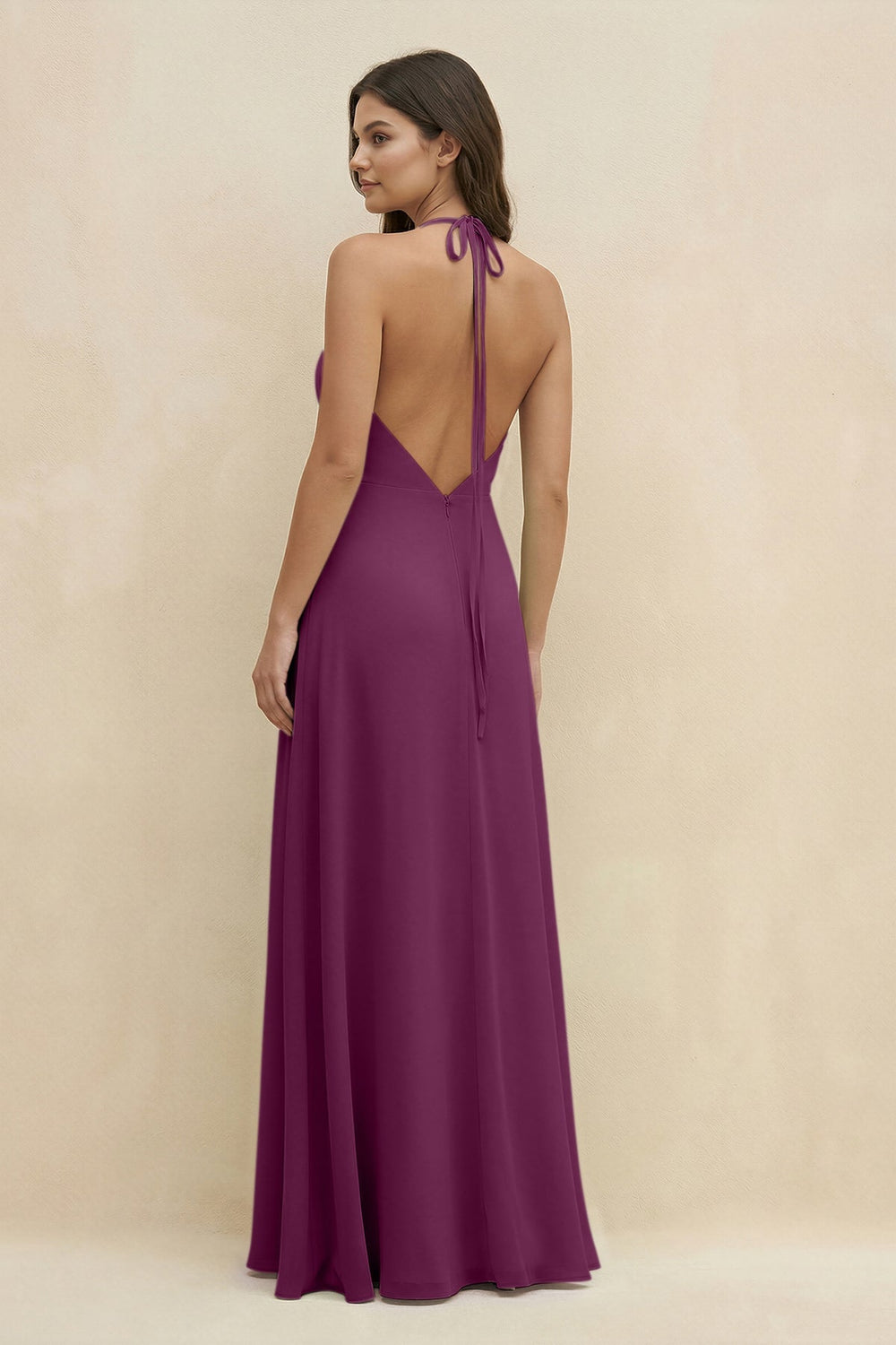 Halter Sheath Long Chiffon Bridesmaid Dress in Fig - KissProm BRIDESMAID DRESSES