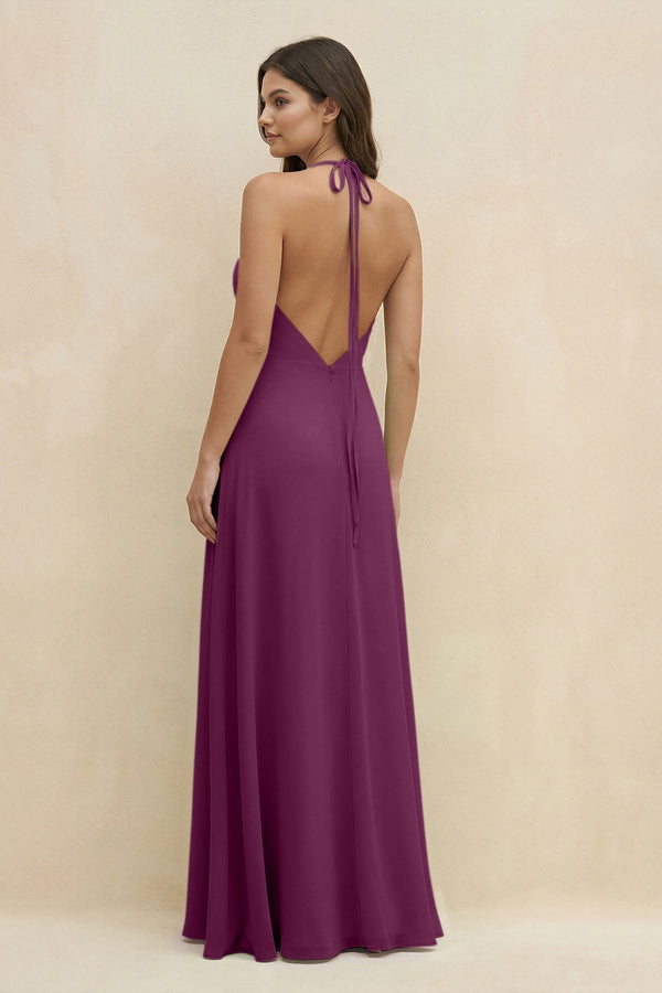 Halter Sheath Long Chiffon Bridesmaid Dress in Fig - KissProm BRIDESMAID DRESSES