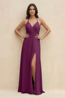 Halter Sheath Long Chiffon Bridesmaid Dress in Fig - KissProm BRIDESMAID DRESSES