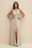 Halter Sheath Long Chiffon Bridesmaid Dress in Frost - KissProm BRIDESMAID DRESSES