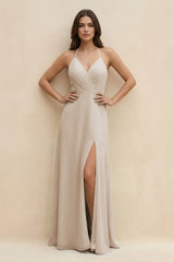 Halter Sheath Long Chiffon Bridesmaid Dress in Frost - KissProm BRIDESMAID DRESSES