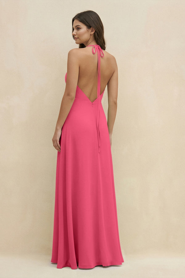 Halter Sheath Long Chiffon Bridesmaid Dress in Fuchsia - KissProm BRIDESMAID DRESSES