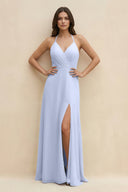 Halter Sheath Long Chiffon Bridesmaid Dress in Ice - KissProm BRIDESMAID DRESSES