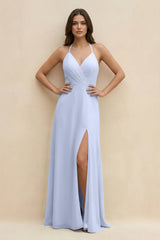 Halter Sheath Long Chiffon Bridesmaid Dress in Ice - KissProm BRIDESMAID DRESSES