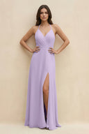 Halter Sheath Long Chiffon Bridesmaid Dress in Lavender - KissProm BRIDESMAID DRESSES