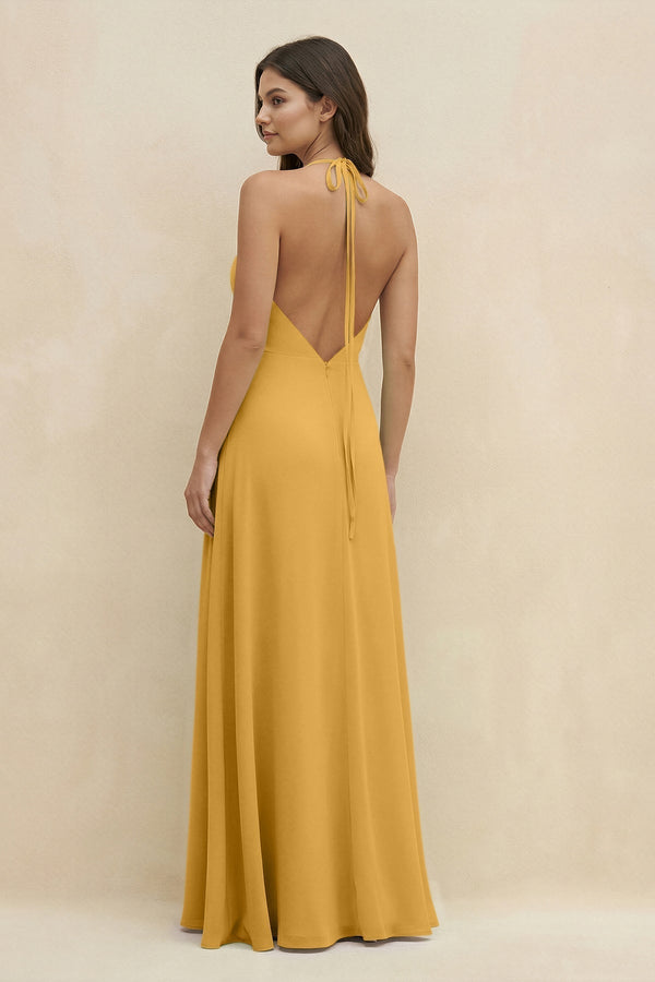 Halter Sheath Long Chiffon Bridesmaid Dress in Marigold - KissProm BRIDESMAID DRESSES