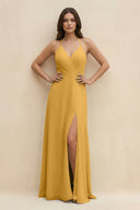 Halter Sheath Long Chiffon Bridesmaid Dress in Marigold - KissProm BRIDESMAID DRESSES