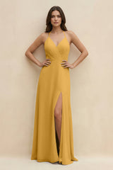Halter Sheath Long Chiffon Bridesmaid Dress in Marigold - KissProm BRIDESMAID DRESSES