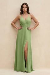 Halter Sheath Long Chiffon Bridesmaid Dress in Matcha - KissProm BRIDESMAID DRESSES
