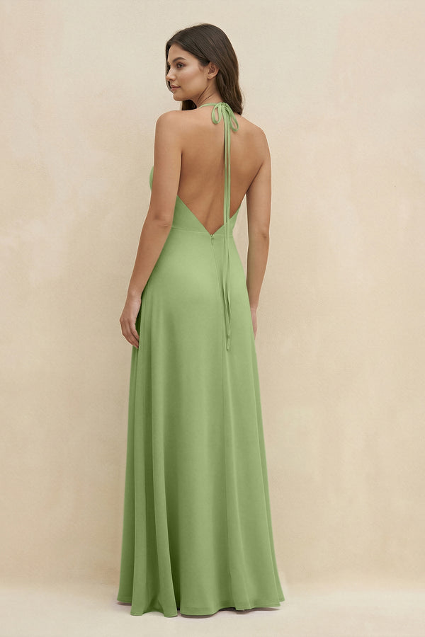 Halter Sheath Long Chiffon Bridesmaid Dress in Matcha - KissProm BRIDESMAID DRESSES