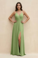 Halter Sheath Long Chiffon Bridesmaid Dress in Matcha - KissProm BRIDESMAID DRESSES