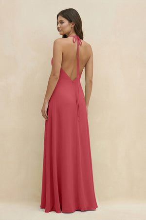 Halter Sheath Long Chiffon Bridesmaid Dress in Merlot - KissProm BRIDESMAID DRESSES
