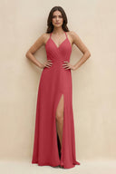Halter Sheath Long Chiffon Bridesmaid Dress in Merlot - KissProm BRIDESMAID DRESSES