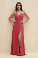 Halter Sheath Long Chiffon Bridesmaid Dress in Merlot - KissProm BRIDESMAID DRESSES