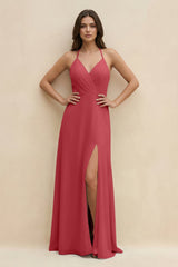 Halter Sheath Long Chiffon Bridesmaid Dress in Merlot - KissProm BRIDESMAID DRESSES