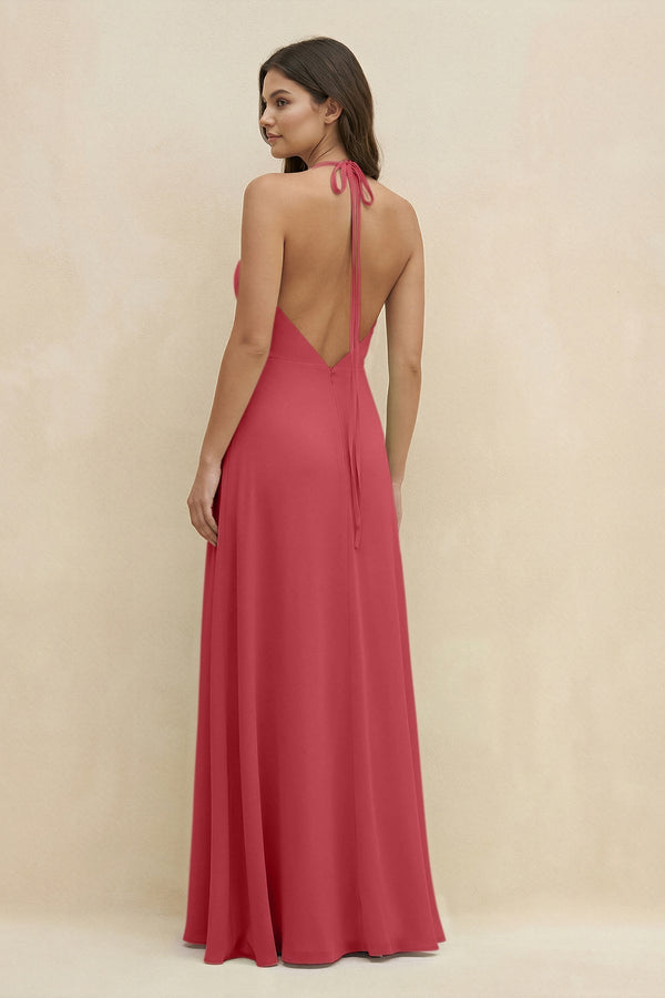 Halter Sheath Long Chiffon Bridesmaid Dress in Merlot - KissProm BRIDESMAID DRESSES