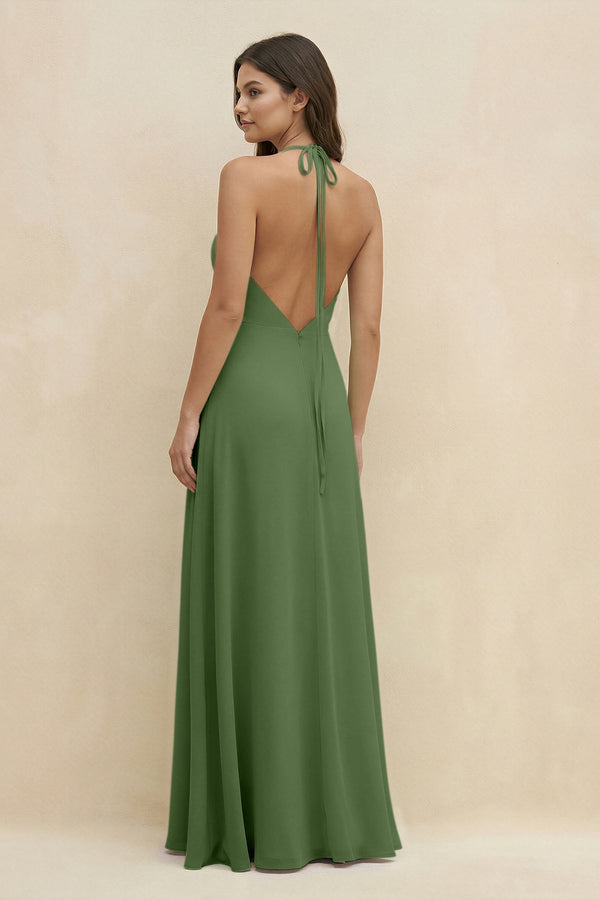 Halter Sheath Long Chiffon Bridesmaid Dress in Moss - KissProm BRIDESMAID DRESSES