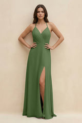 Halter Sheath Long Chiffon Bridesmaid Dress in Moss - KissProm BRIDESMAID DRESSES