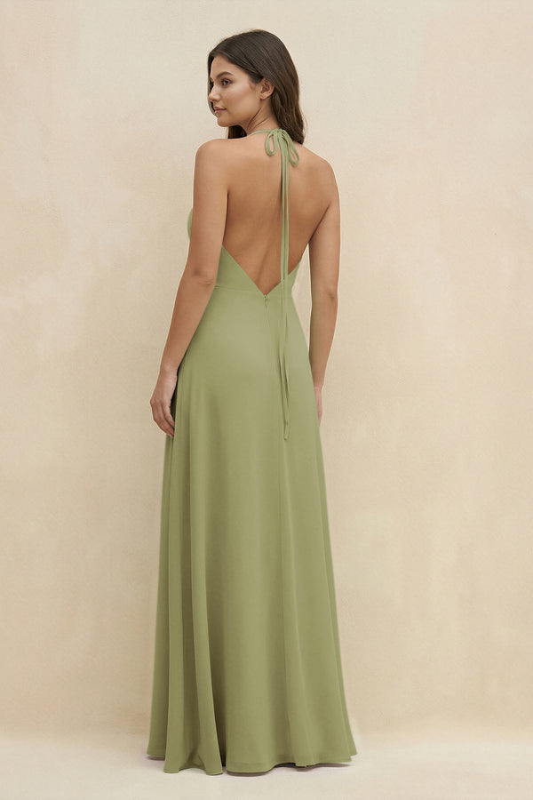 Halter Sheath Long Chiffon Bridesmaid Dress in Moss Green - KissProm BRIDESMAID DRESSES