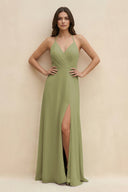 Halter Sheath Long Chiffon Bridesmaid Dress in Moss Green - KissProm BRIDESMAID DRESSES