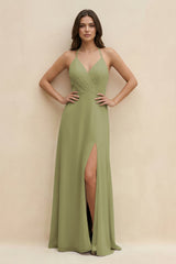 Halter Sheath Long Chiffon Bridesmaid Dress in Moss Green - KissProm BRIDESMAID DRESSES