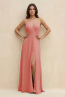 Halter Sheath Long Chiffon Bridesmaid Dress in Mulberry - KissProm BRIDESMAID DRESSES
