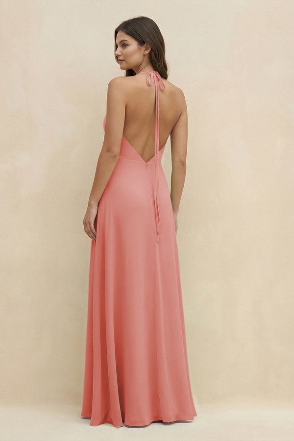 Halter Sheath Long Chiffon Bridesmaid Dress in Mulberry - KissProm BRIDESMAID DRESSES