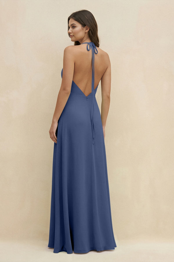 Halter Sheath Long Chiffon Bridesmaid Dress in Navy - KissProm BRIDESMAID DRESSES