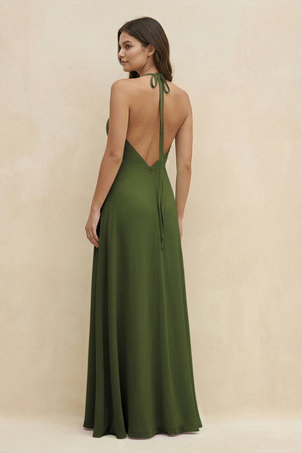 Halter Sheath Long Chiffon Bridesmaid Dress in Olive - KissProm BRIDESMAID DRESSES