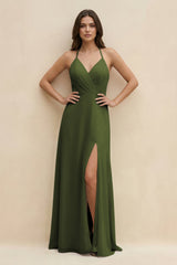 Halter Sheath Long Chiffon Bridesmaid Dress in Olive - KissProm BRIDESMAID DRESSES