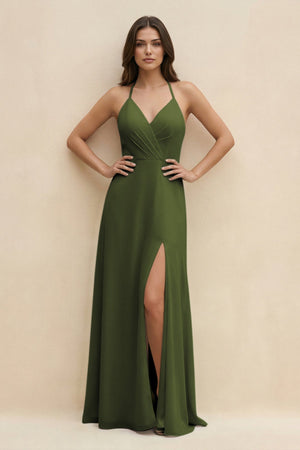 Halter Sheath Long Chiffon Bridesmaid Dress in Olive - KissProm BRIDESMAID DRESSES