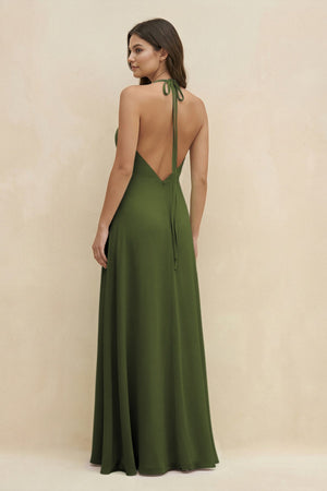 Halter Sheath Long Chiffon Bridesmaid Dress in Olive - KissProm BRIDESMAID DRESSES